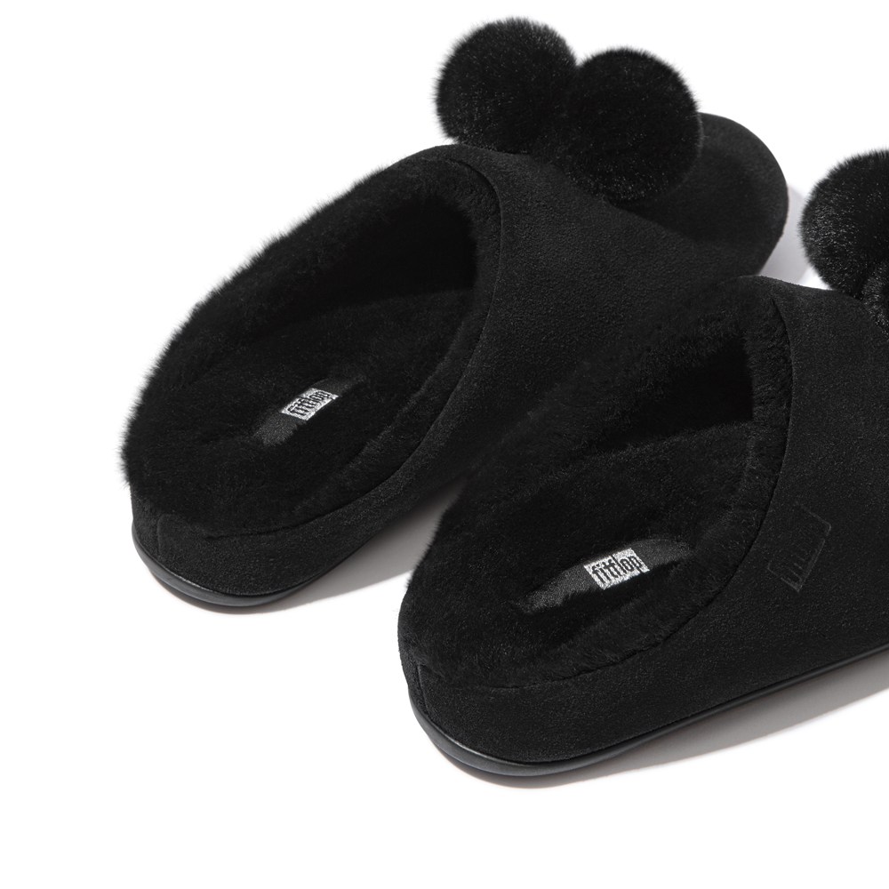 Fitflop Womens Slippers Black - Chrissie Pom-pom Shearling - 87MZSTAJH